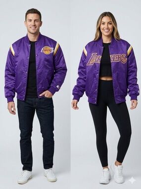 LOS ANGELES LAKERS Vintage 80s/90s New Haven CT, Purple Satin Bomber Jacket..